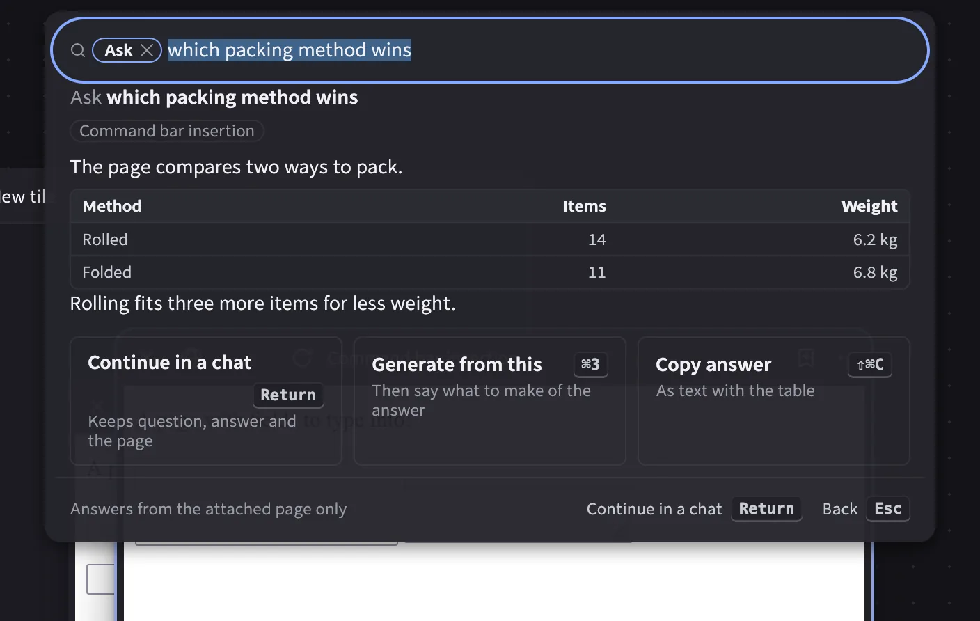 An answer in the command bar with a table, and cards to continue in a chat, generate from it or copy it