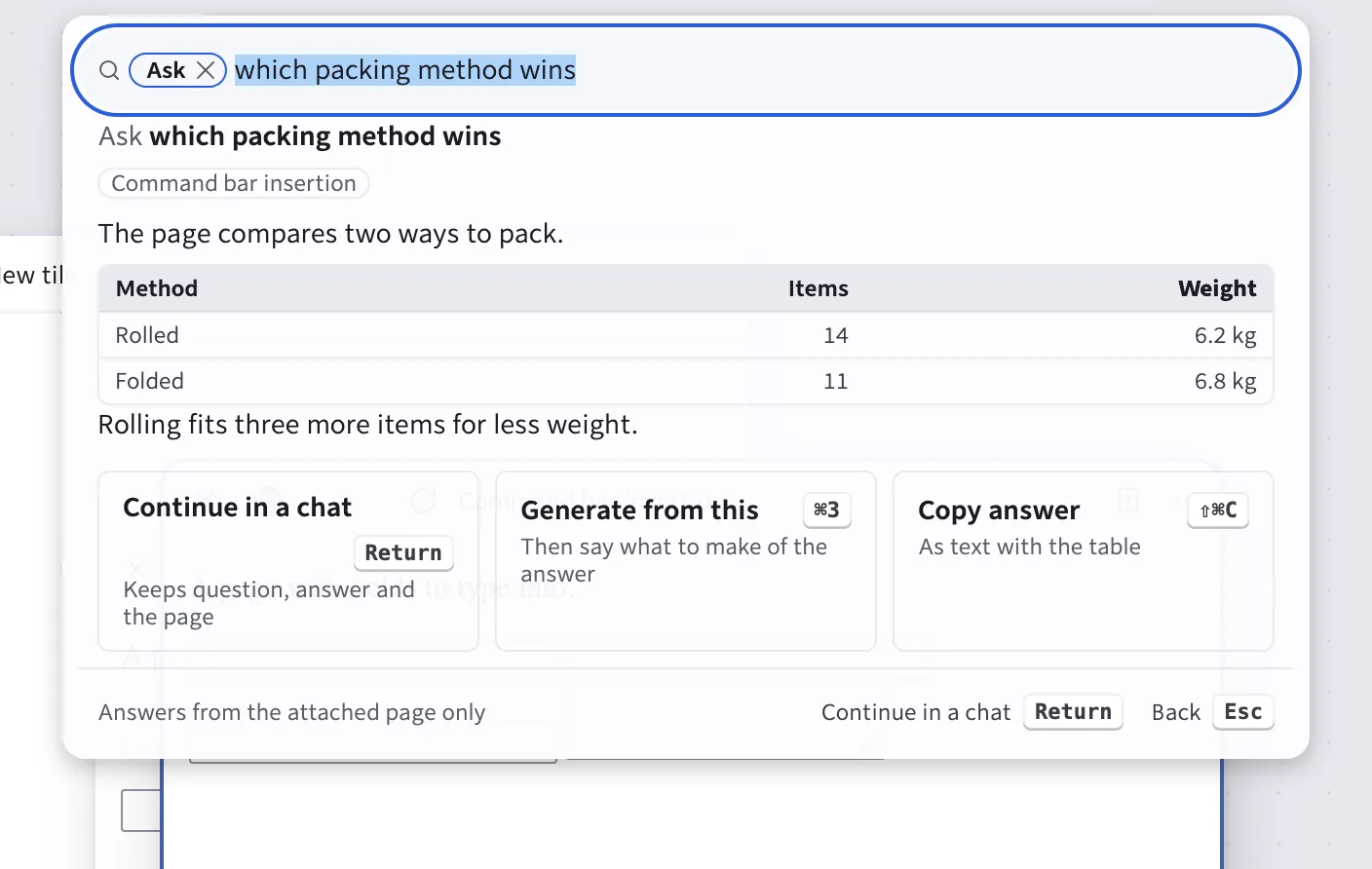 An answer in the command bar with a table, and cards to continue in a chat, generate from it or copy it