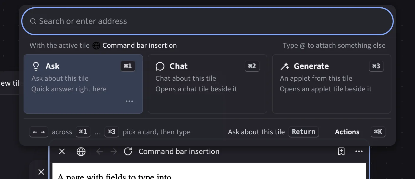 The command bar open over a page, with the Ask, Chat and Generate cards under the field