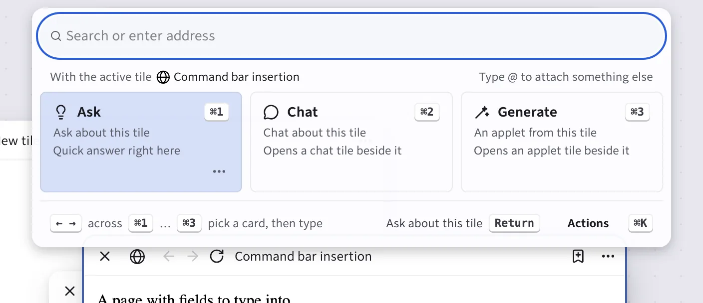 The command bar open over a page, with the Ask, Chat and Generate cards under the field