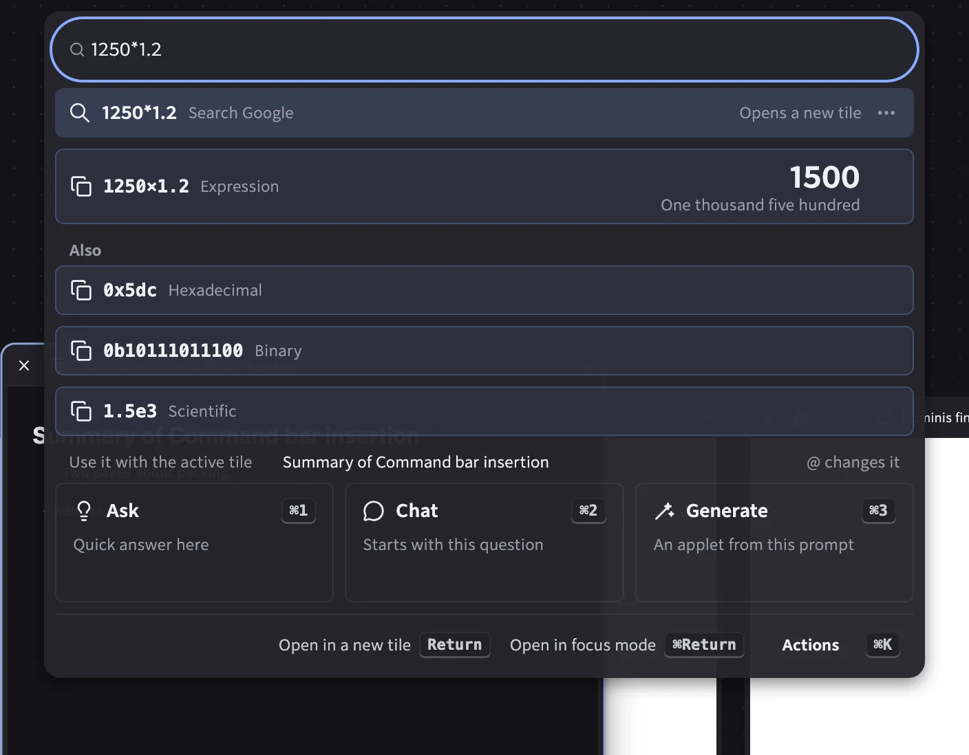 A calculation in the command bar: the answer, its other forms and the number written out