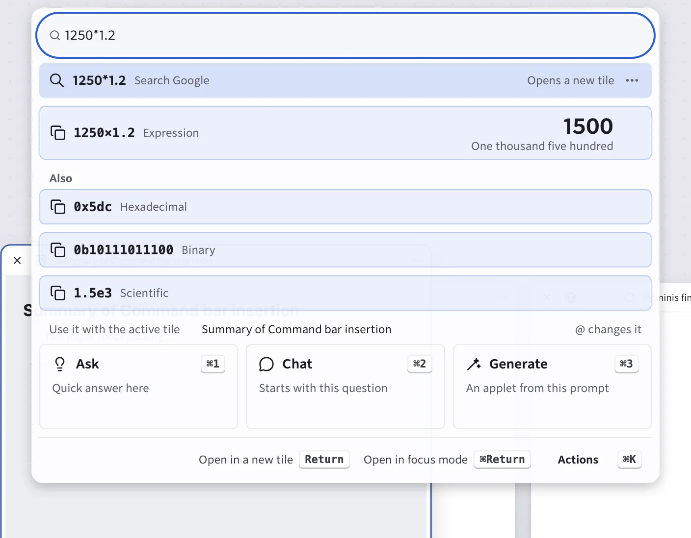 A calculation in the command bar: the answer, its other forms and the number written out